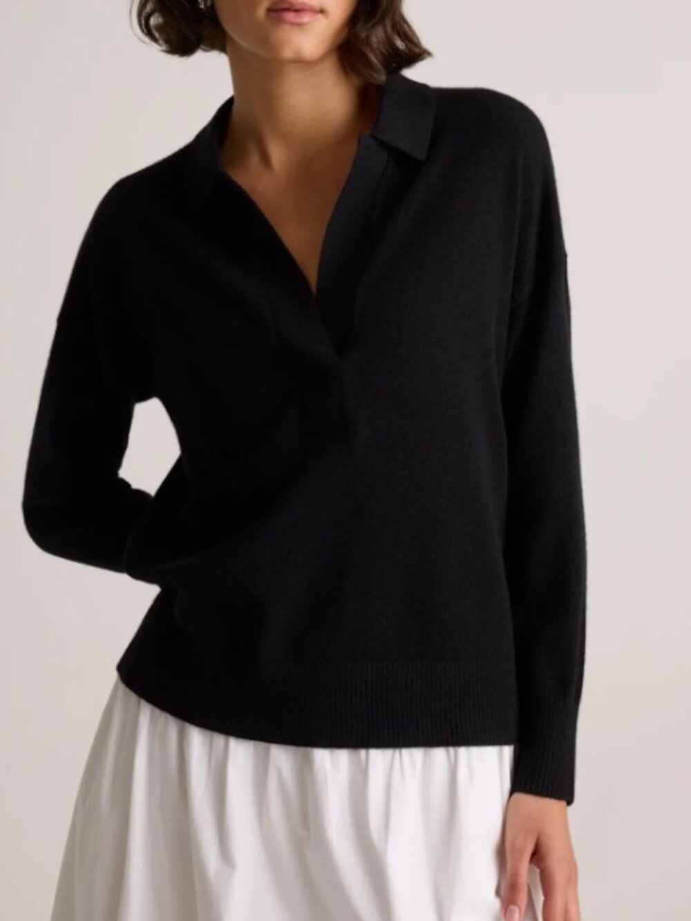 Quince Mongolian Cashmere V-Neck Polo Sweater Black